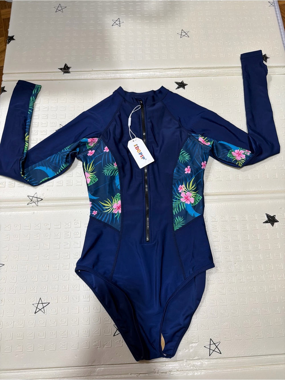 Women’s Navy Floral Long Sleeve Zip Front Swimsuit